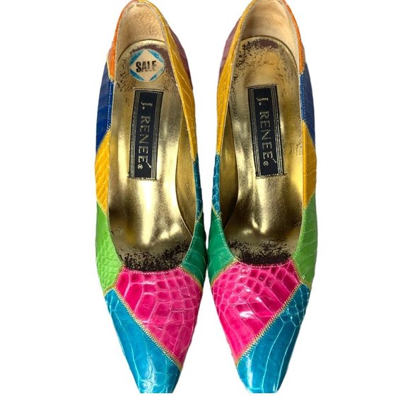 Vintage 80s Multicolor Snake Skin Pointed Toe Pumps 6 - Picture 6 of 11